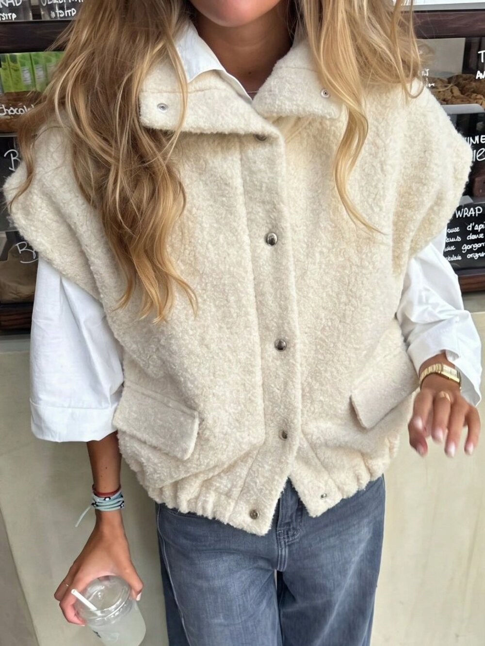 Beige Casual Women's Stand Collar Button-Up Vest Jacket